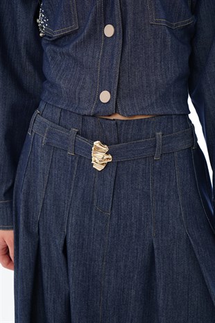 CEREMONY Önden Fermuar ve Pile Detaylı Denim Etek