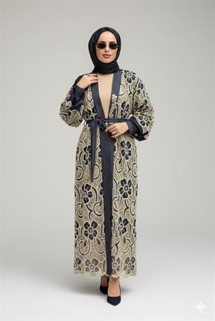 CEREMONY PATI BONCUK İŞLEMELİ DENİM DANTEL KAFTAN