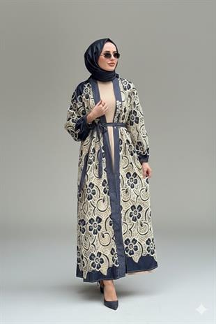 CEREMONY PATI BONCUK İŞLEMELİ DENİM DANTEL KAFTAN
