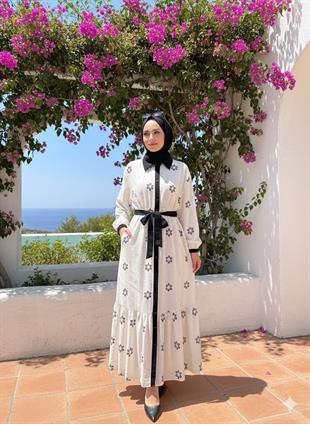 CEREMONY PULLU TAŞLI KETEN ELBİSE