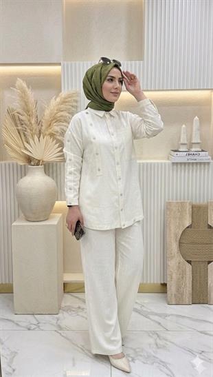 CEREMONY TEK KOLU ÇİÇEK AKSESUARLI PANTOLONLU İNCİLİ TAKIM