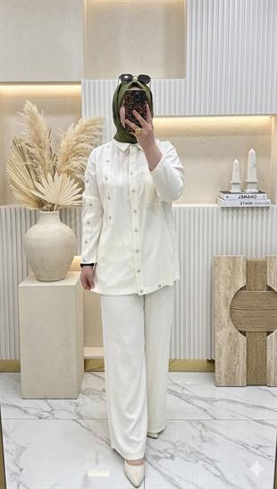 CEREMONY TEK KOLU ÇİÇEK AKSESUARLI PANTOLONLU İNCİLİ TAKIM