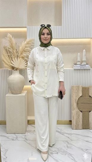 CEREMONY TEK KOLU ÇİÇEK AKSESUARLI PANTOLONLU İNCİLİ TAKIM