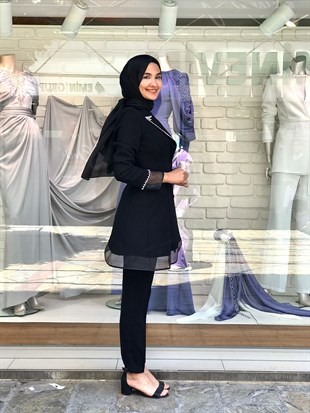 CLİO YAKASI TAŞLI ORGANZELİ CEKET PANTOLON TAKIM