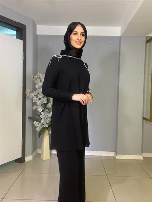JAMİLA SARAH FİYONK TAŞ İŞLEMELİ KREP KUMAŞ TUNİK PANTOLON TAKIM