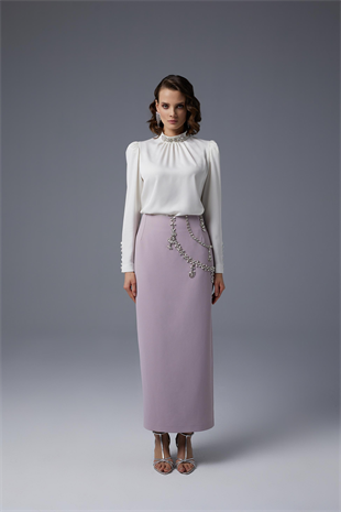 JAMİLA SARAH TAŞ İŞLEMELİ KREP KALEM ETEK