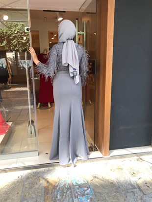 KENZEL PLUS SİZE TAŞLI KUYRUKLU BALIK MODEL EVENING DRESS- GRİ