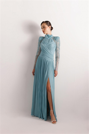 KENZEL Çiçek Detaylı Yaka Kol İşlemeli Tül Bürümcük Abiye Elbise