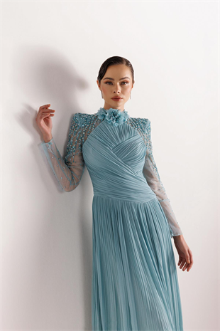 KENZEL Çiçek Detaylı Yaka Kol İşlemeli Tül Bürümcük Abiye Elbise