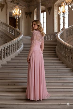 KENZEL Çiçek Detaylı Yaka Kol İşlemeli Tül Bürümcük Abiye Elbise