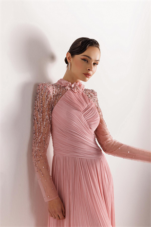 KENZEL Çiçek Detaylı Yaka Kol İşlemeli Tül Bürümcük Abiye Elbise