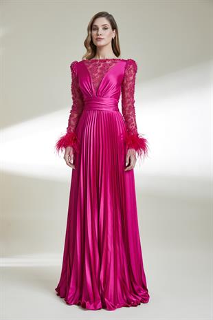 KENZEL ETEĞİ PLİSELİ ÜZERİ TRANSPARAN ABİYE ELBİSE