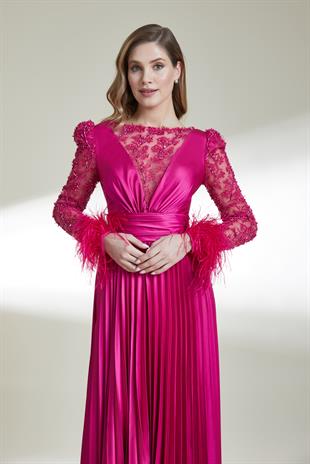 KENZEL ETEĞİ PLİSELİ ÜZERİ TRANSPARAN ABİYE ELBİSE