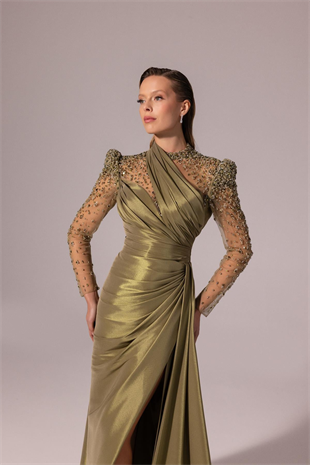 KENZEL İşlemeli Transparan Uzun Kol Tafta Abiye Elbise