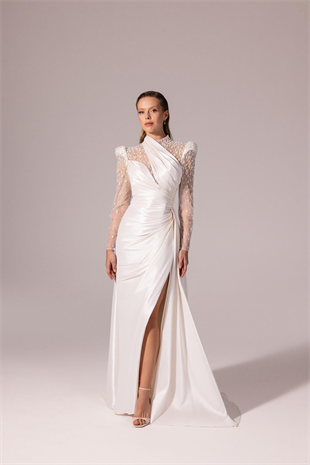 KENZEL İşlemeli Transparan Uzun Kol Tafta Abiye Elbise