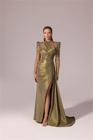 KENZEL İşlemeli Transparan Uzun Kol Tafta Abiye Elbise