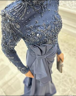 Kenzel İşlemeli Uzun Kollu Tesettür Abiye Elbise