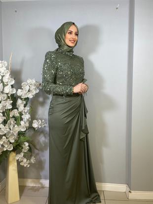 Kenzel İşlemeli Uzun Kollu Tesettür Abiye Elbise
