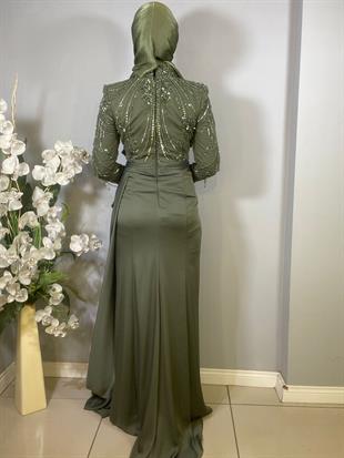 Kenzel İşlemeli Uzun Kollu Tesettür Abiye Elbise