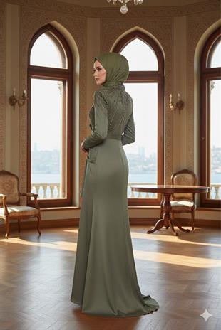 Kenzel İşlemeli Uzun Kollu Tesettür Abiye Elbise