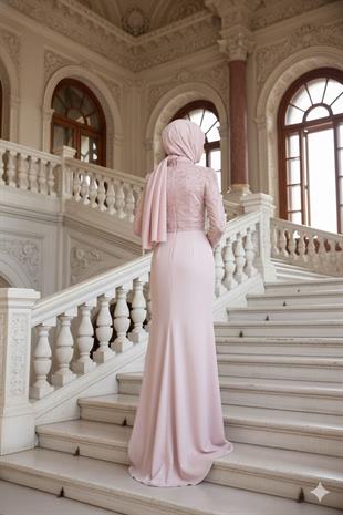 Kenzel İşlemeli Uzun Kollu Tesettür Abiye Elbise