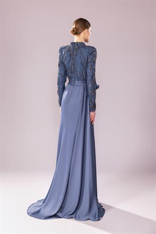 Kenzel İşlemeli Uzun Kollu Tesettür Abiye Elbise