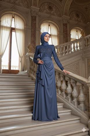 Kenzel İşlemeli Uzun Kollu Tesettür Abiye Elbise