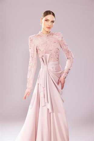 Kenzel İşlemeli Uzun Kollu Tesettür Abiye Elbise