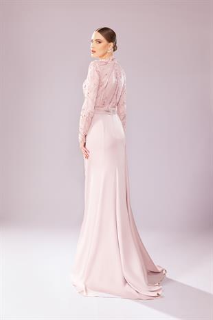 Kenzel İşlemeli Uzun Kollu Tesettür Abiye Elbise