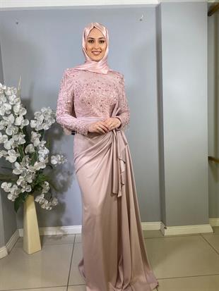 Kenzel İşlemeli Uzun Kollu Tesettür Abiye Elbise