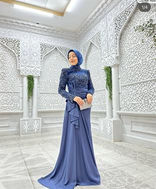 Kenzel İşlemeli Uzun Kollu Tesettür Abiye Elbise