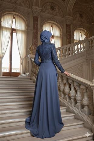 Kenzel İşlemeli Uzun Kollu Tesettür Abiye Elbise