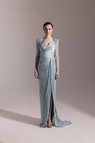 KENZEL KOLLARI DANTEL TAŞLI PLİSELİ ABİYE ELBİSE