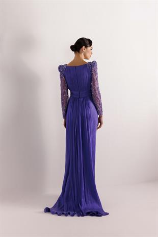 KENZEL KOLLARI DANTEL TAŞLI PLİSELİ ABİYE ELBİSE