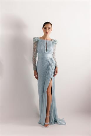 KENZEL KOLLARI DANTEL TAŞLI PLİSELİ ABİYE ELBİSE