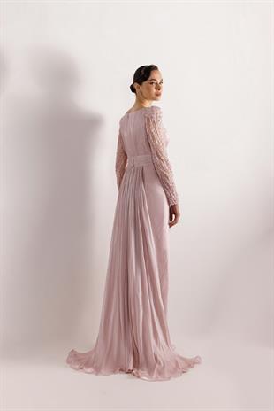 KENZEL KOLLARI DANTEL TAŞLI PLİSELİ ABİYE ELBİSE