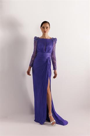 KENZEL KOLLARI DANTEL TAŞLI PLİSELİ ABİYE ELBİSE