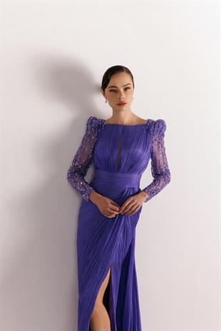 KENZEL KOLLARI DANTEL TAŞLI PLİSELİ ABİYE ELBİSE