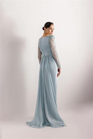 KENZEL KOLLARI DANTEL TAŞLI PLİSELİ ABİYE ELBİSE