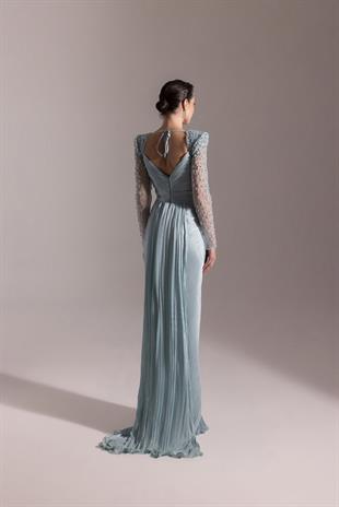 KENZEL KOLLARI DANTEL TAŞLI PLİSELİ ABİYE ELBİSE