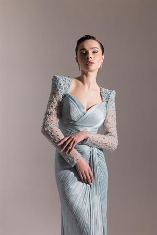 KENZEL KOLLARI DANTEL TAŞLI PLİSELİ ABİYE ELBİSE