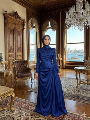 Kenzel Kolları İşlemeli drapeli uzun abiye elbise 