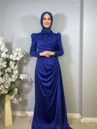 Kenzel Kolları İşlemeli drapeli uzun abiye elbise 