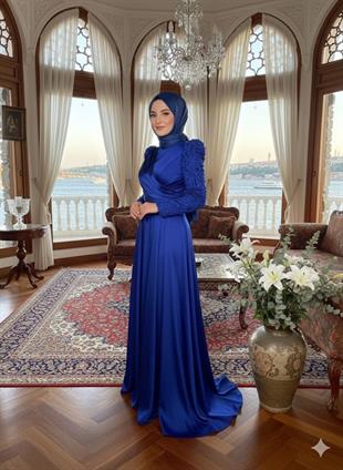 Kenzel Kolları İşlemeli drapeli uzun abiye elbise 