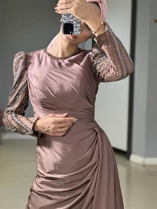 KENZEL KOLLARI KAPALI, TAŞLI YIRTMAÇSIZ SATEN ABİYE