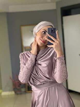 KENZEL KOLLARI TAŞLI SATEN ABİYE ELBİSE
