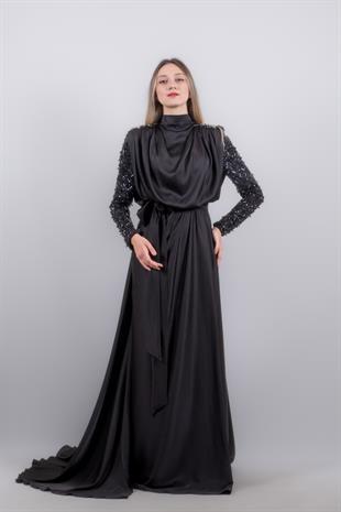 KENZEL KOLLARI TAŞLI SATEN ABİYE ELBİSE