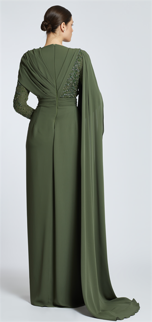 KENZEL SLEEVES STONED SINGLE SLEEVE CLOAK EVENING DRESS