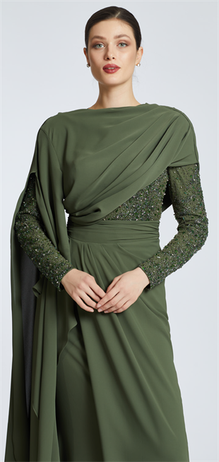 KENZEL SLEEVES STONED SINGLE SLEEVE CLOAK EVENING DRESS