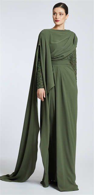 KENZEL SLEEVES STONED SINGLE SLEEVE CLOAK EVENING DRESS